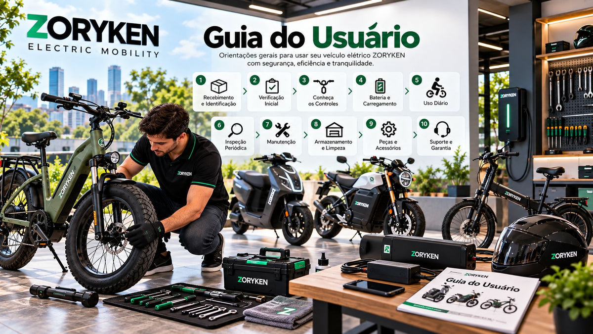 Guia do usuário ZORYKEN para veículos elétricos com inspeção, bateria, carregamento, manutenção, peças e suporte