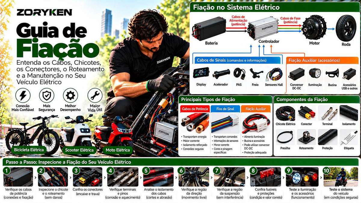 Guia de fiação ZORYKEN para bicicletas, scooters e motos elétricas com chicote, cabos de potência, fios de sinal, conectores, terminais e roteamento