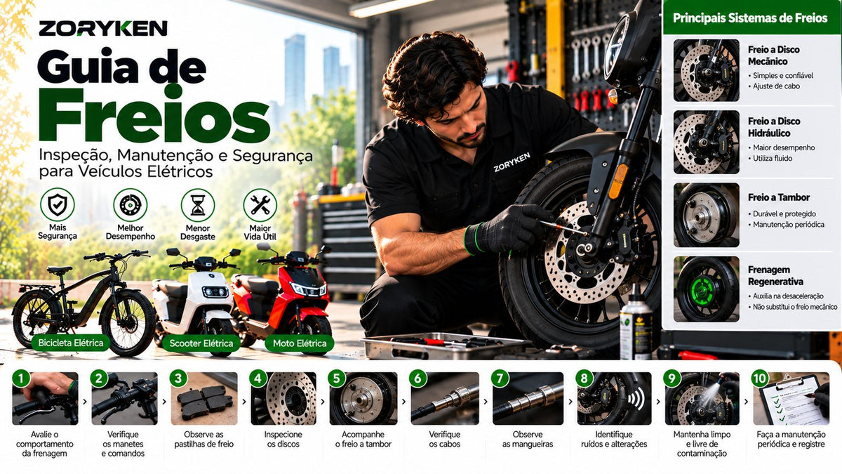 Guia de freios ZORYKEN para bicicletas, scooters e motos elétricas com inspeção de pastilhas, discos, tambores, cabos e sistemas hidráulicos