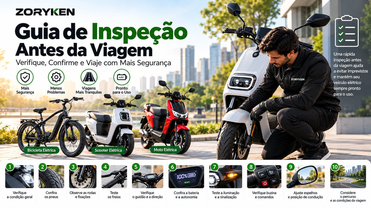 Guia de inspeção antes da viagem ZORYKEN com verificação de pneus, freios, bateria, iluminação e condições do veículo elétrico