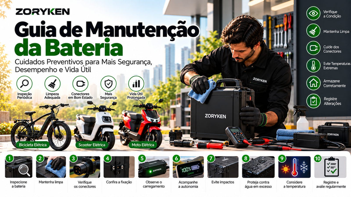 Guia de manutenção da bateria ZORYKEN com inspeção, limpeza, conectores e cuidados preventivos para baterias de veículos elétricos