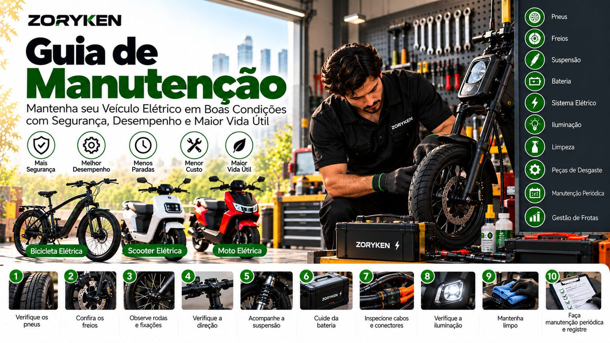 Guia de manutenção ZORYKEN para bicicletas, scooters e motos elétricas com verificação de pneus, freios, suspensão, bateria e sistema elétrico