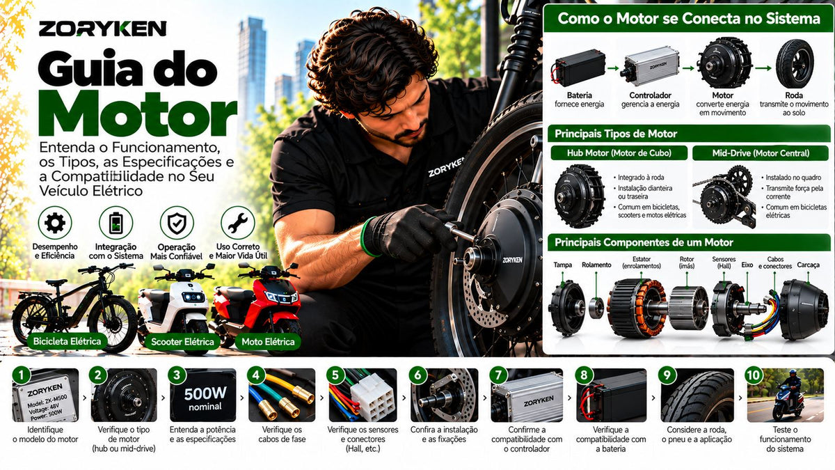 Guia do motor ZORYKEN para bicicletas, scooters e motos elétricas com tipos de motor, componentes, controlador, bateria, sensores, roda e conexões