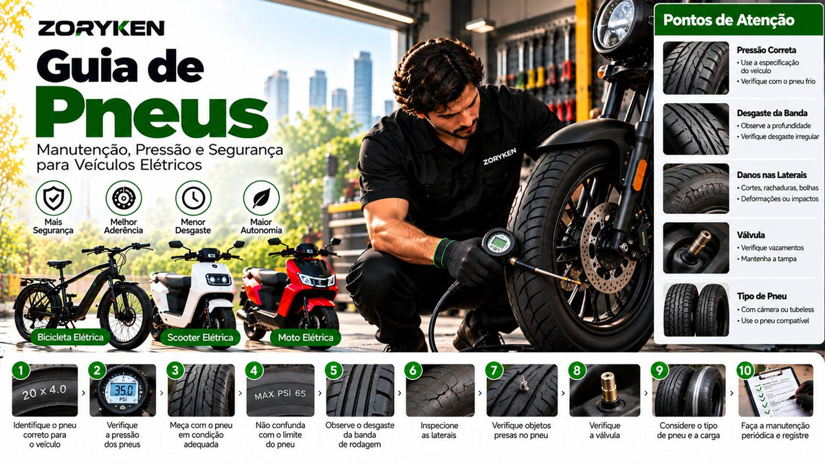 Guia de pneus ZORYKEN para bicicletas, scooters e motos elétricas com verificação de pressão, desgaste, danos, válvulas e tipo de pneu