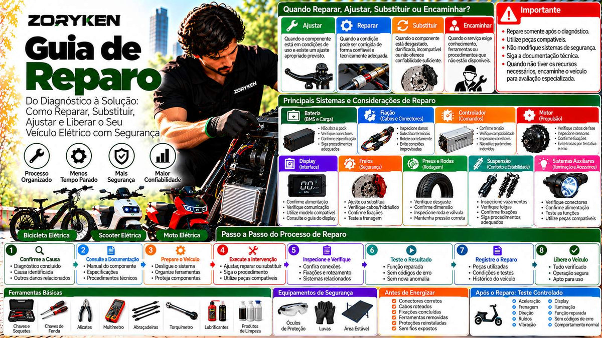 Guia de reparo ZORYKEN para bicicletas, scooters e motos elétricas com diagnóstico, peças, bateria, fiação, controlador, motor, freios, pneus e testes