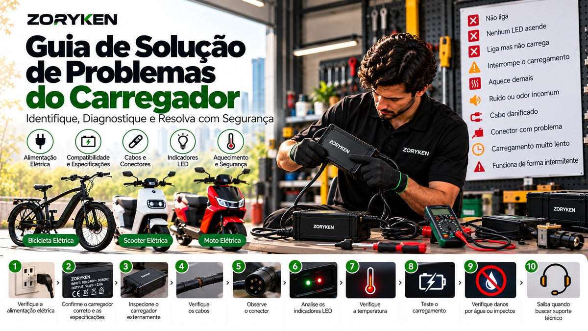 Guia de solução de problemas do carregador ZORYKEN com diagnóstico de alimentação, cabos, conectores e carregamento de veículos elétricos