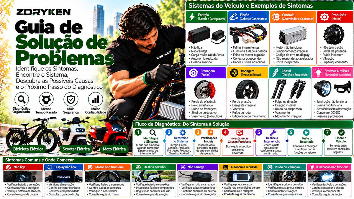 Guia de solução de problemas ZORYKEN para bicicletas, scooters e motos elétricas com diagnóstico de bateria, fiação, controlador, motor, freios, pneus e suspensão
