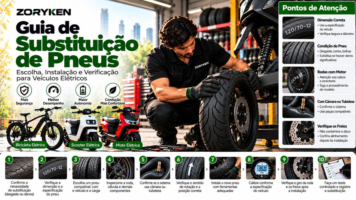 Guia de substituição de pneus ZORYKEN para bicicletas, scooters e motos elétricas com escolha, instalação, calibragem e verificação após a troca