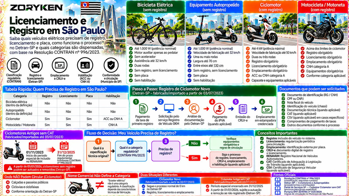 Infográfico sobre licenciamento e registro de veículos elétricos em São Paulo, incluindo bicicletas elétricas, autopropelidos, ciclomotores, Detran-SP, RENAVAM, CRLV-e, placa e habilitação