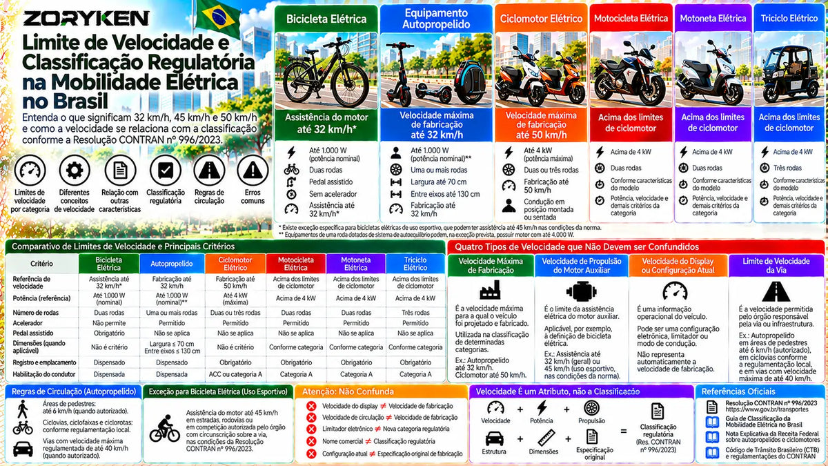 Infográfico sobre limite de velocidade e classificação regulatória de veículos elétricos no Brasil com regras de 32 km/h, 45 km/h e 50 km/h conforme a Resolução CONTRAN nº 996/2023