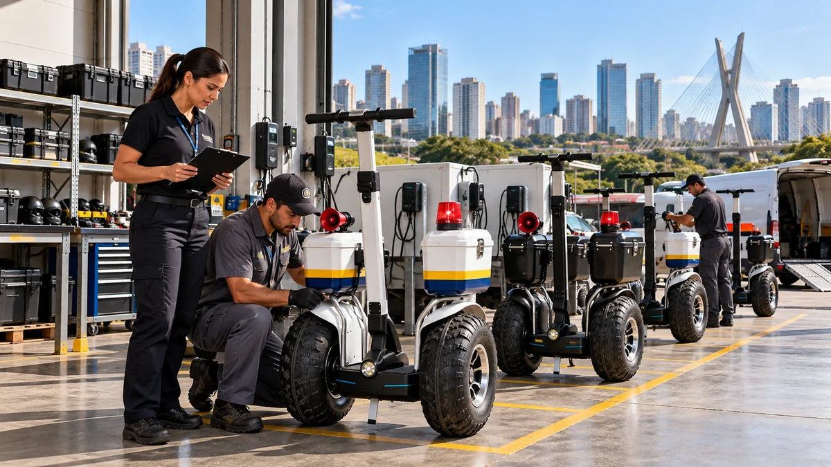 Técnico realizando manutenção em diciclo elétrico de autoequilíbrio ZORYKEN X60, com supervisora e outros veículos em uma área de suporte operacional e recarga.