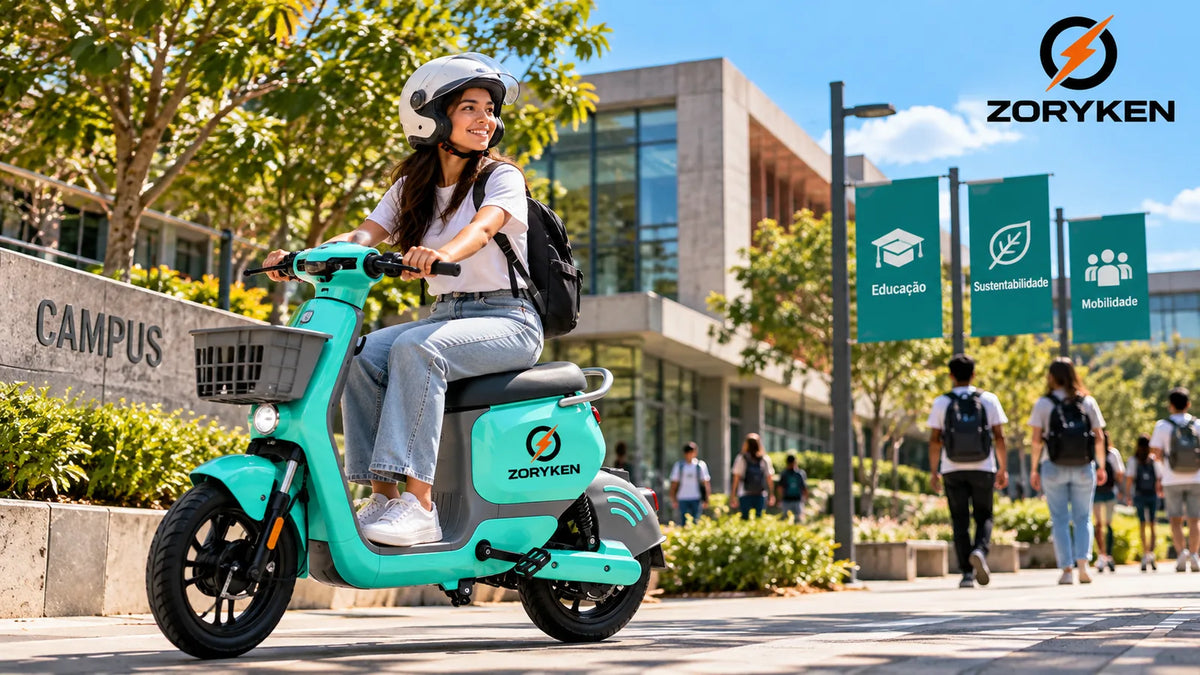 Mobilidade elétrica compartilhada em campus com scooter elétrica ZORYKEN para deslocamentos entre áreas universitárias.