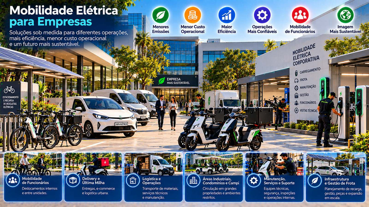 Mobilidade elétrica para empresas com bicicletas, scooters, veículos elétricos, recarga, manutenção e operações corporativas