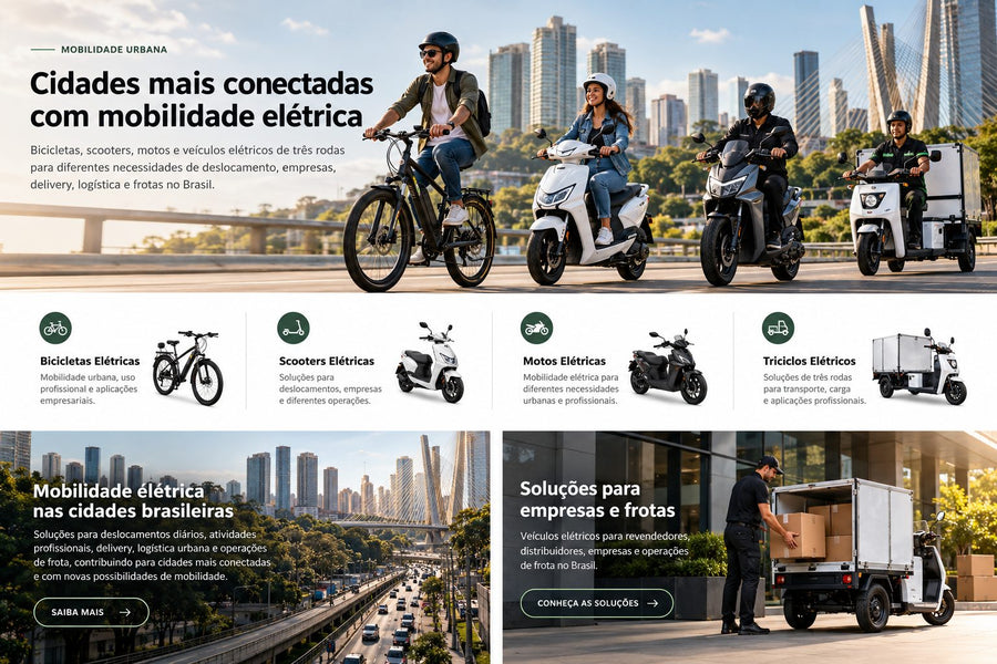 Soluções de mobilidade urbana com bicicletas, scooters, motos e veículos elétricos de três rodas para diferentes aplicações no Brasil.