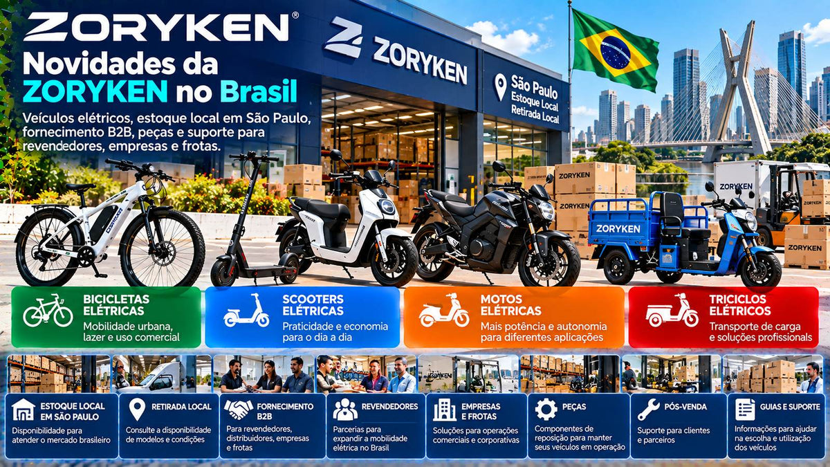 ZORYKEN no Brasil com veículos elétricos, estoque local em São Paulo, fornecimento B2B, peças e suporte