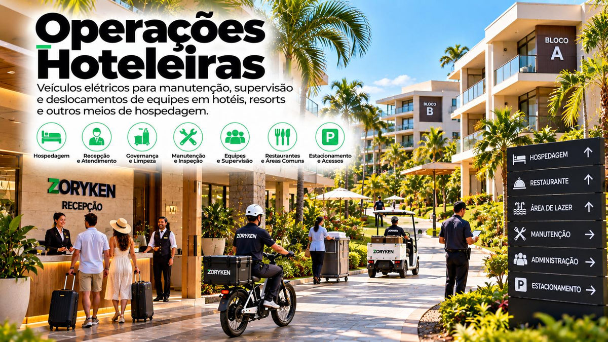 Operações hoteleiras com veículos elétricos para manutenção, supervisão e deslocamento de equipes em hotéis e resorts