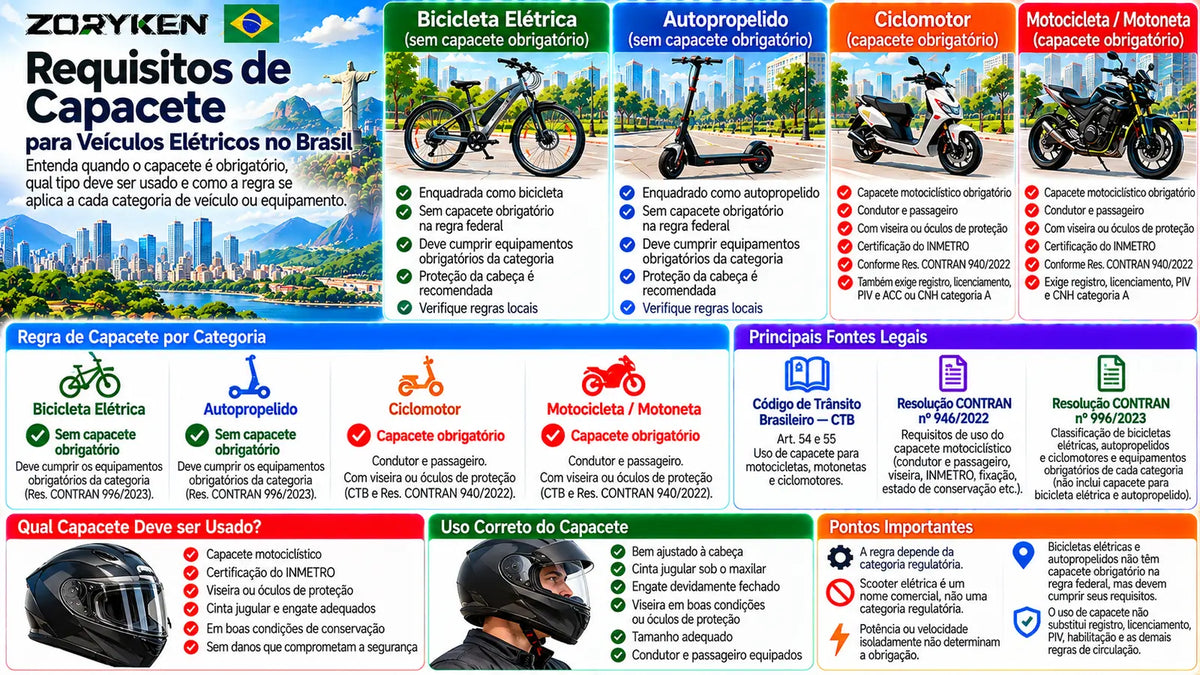 Infográfico sobre requisitos de capacete para veículos elétricos no Brasil, incluindo bicicletas elétricas, autopropelidos, ciclomotores, motocicletas, INMETRO, viseira e regras do CONTRAN