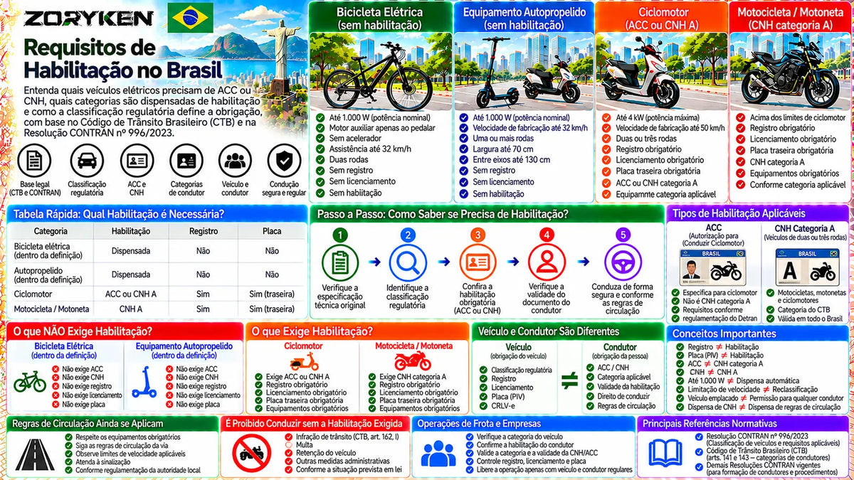 Infográfico sobre requisitos de habilitação para veículos elétricos no Brasil, incluindo ACC, CNH categoria A, bicicletas elétricas, autopropelidos, ciclomotores e motocicletas elétricas