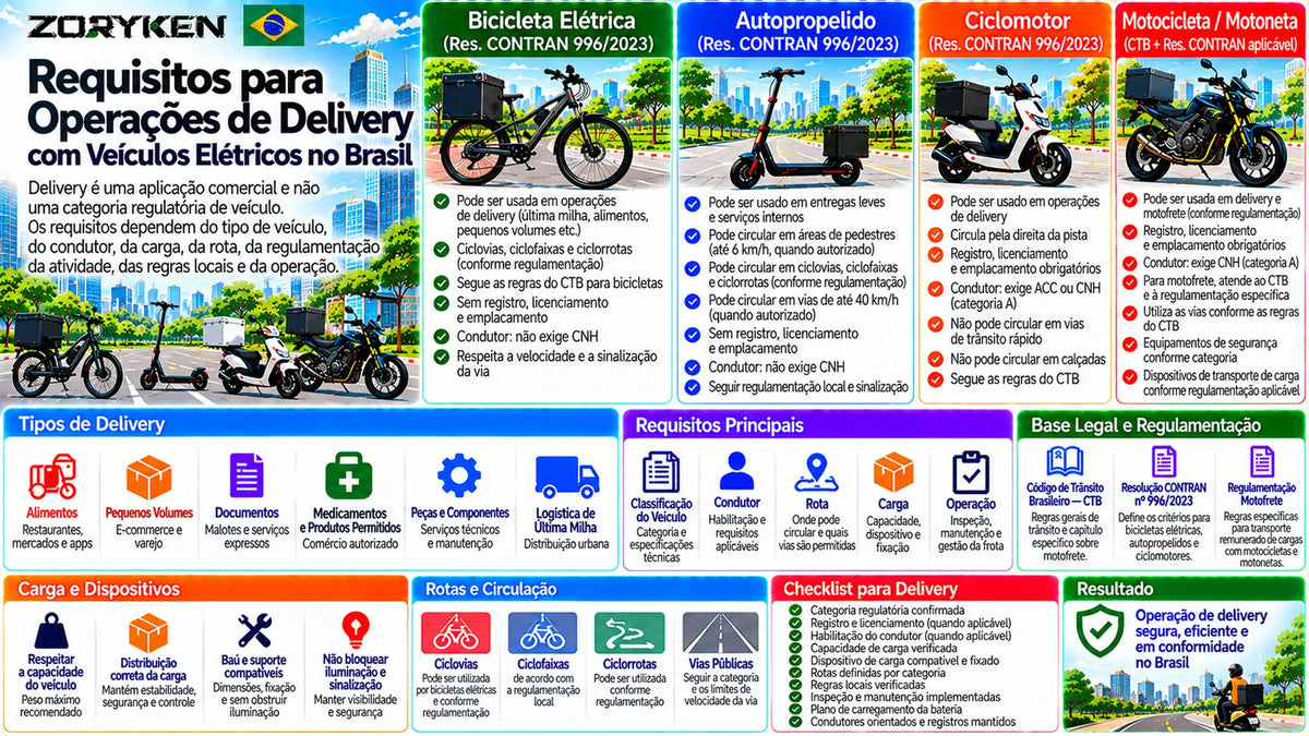 Infográfico sobre requisitos para operações de delivery com veículos elétricos no Brasil, incluindo bicicletas elétricas, ciclomotores, motocicletas, carga, rotas, condutores, inspeção e manutenção