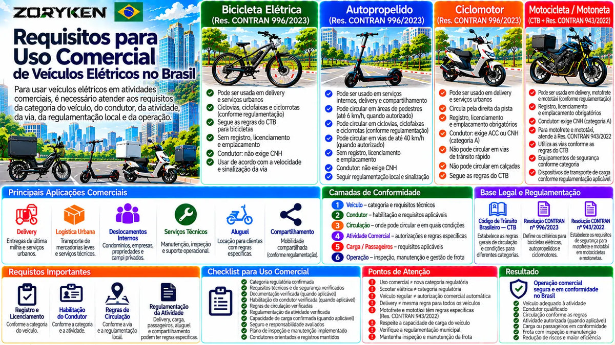 Infográfico sobre requisitos para uso comercial de veículos elétricos no Brasil, incluindo delivery, logística, frotas, documentação, habilitação, circulação, carga, inspeção e manutenção