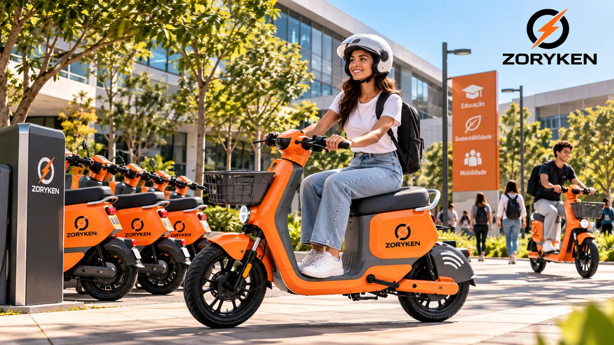 Soluções de mobilidade elétrica compartilhada com scooters elétricas ZORYKEN em operação de frota compartilhada.