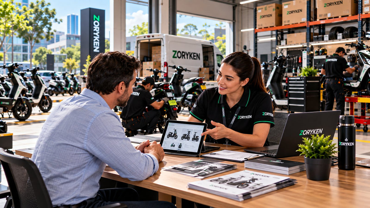Suporte pós-venda B2B para veículos elétricos com orientação, suporte técnico, manutenção, peças e atendimento ZORYKEN