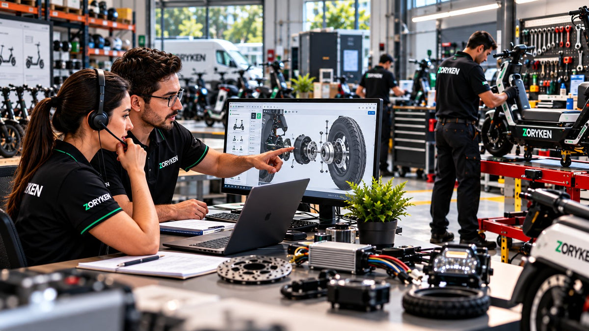 Suporte técnico para veículos elétricos com triagem, análise de componentes, manutenção e peças para clientes B2B ZORYKEN