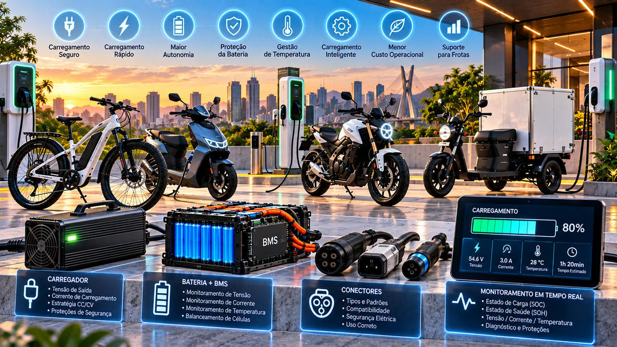 Tecnologia de carregamento para mobilidade elétrica com carregador, bateria BMS, conectores e veículos elétricos