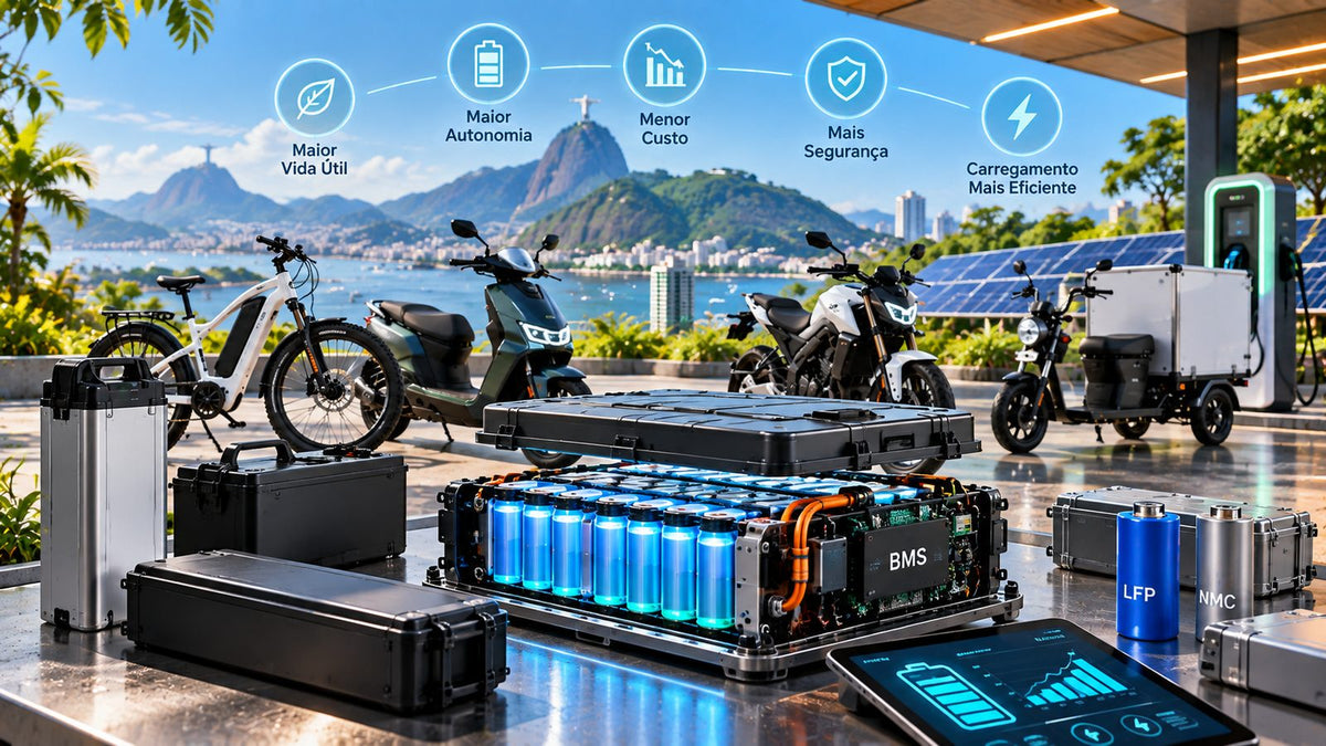Baterias para veículos elétricos leves com células LFP e NMC, sistema BMS e diferentes soluções de mobilidade elétrica