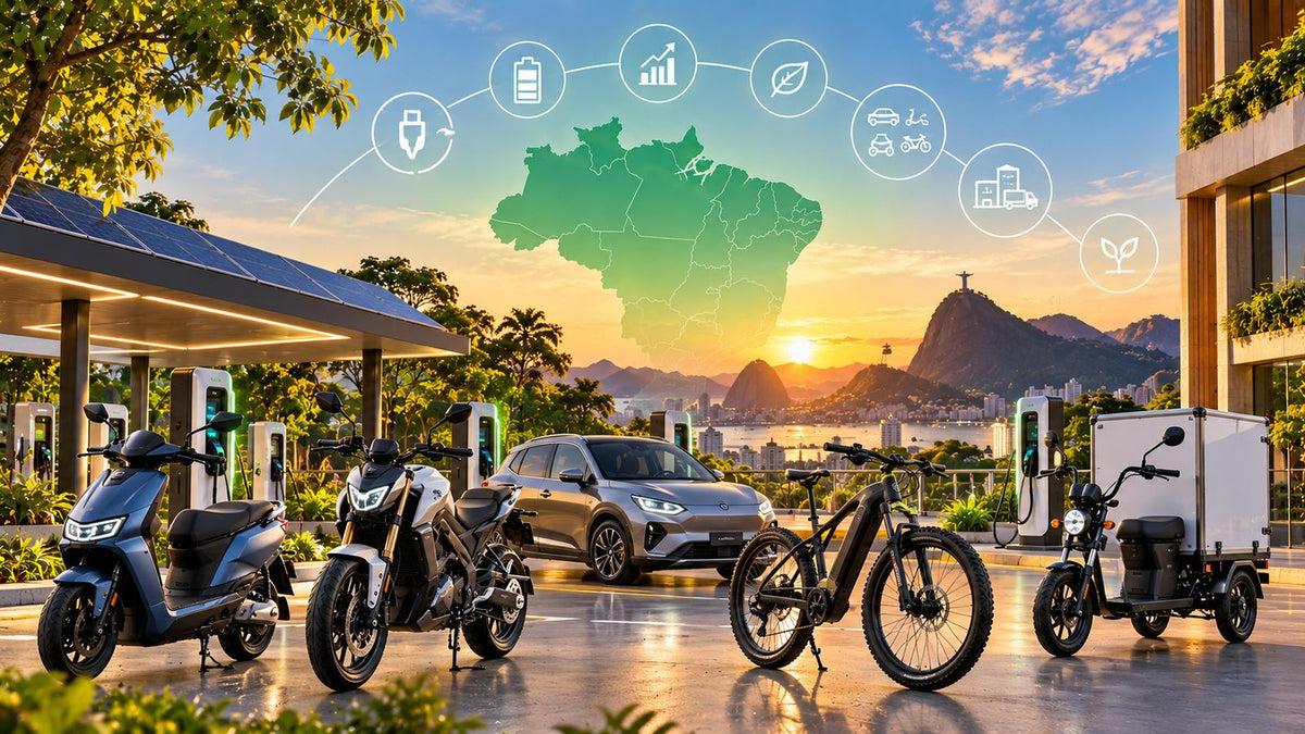 Tendências da mobilidade elétrica no Brasil com carros, motos, scooters, bicicletas elétricas e infraestrutura de recarga