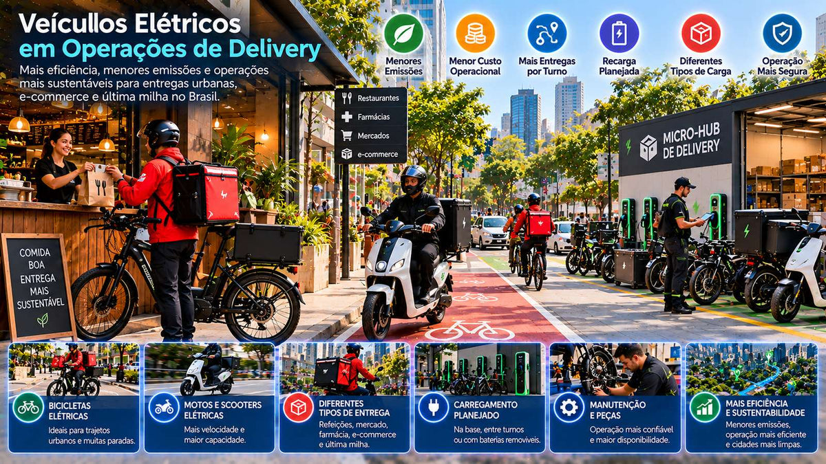 Veículos elétricos em operações de delivery com bicicletas elétricas, scooters, motos, recarga e entregas urbanas