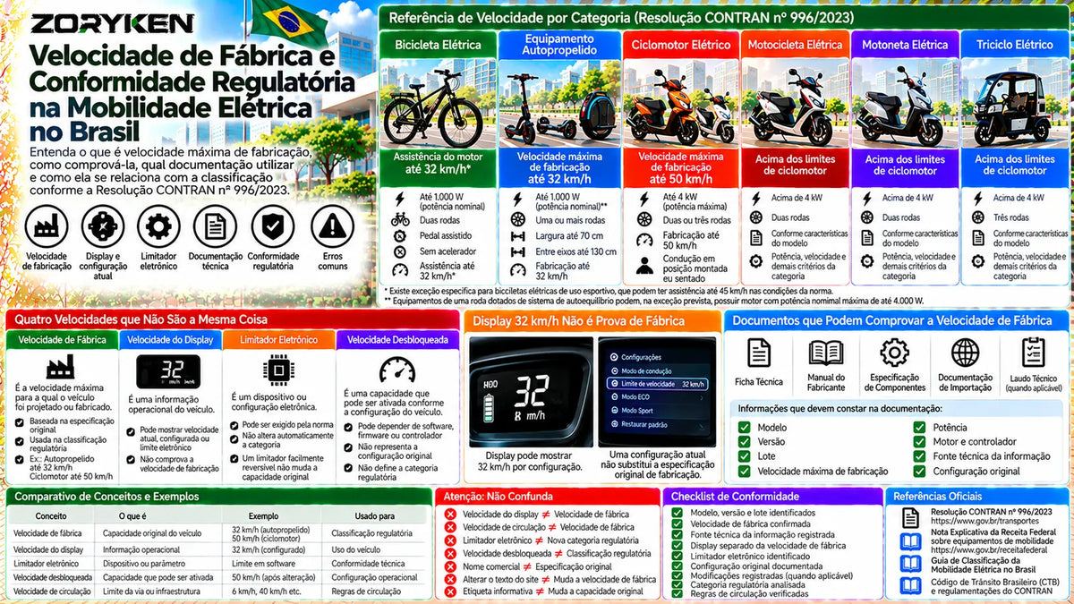 Infográfico sobre velocidade de fábrica e conformidade regulatória de veículos elétricos no Brasil, diferenciando velocidade máxima de fabricação, display, limitador eletrônico e velocidade desbloqueada