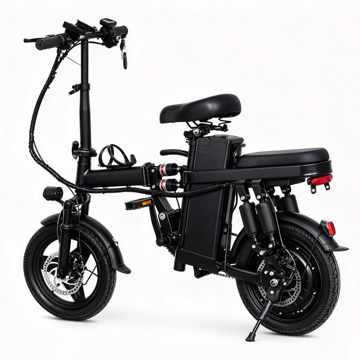 Vista lateral esquerda da bicicleta elétrica dobrável ZORYKEN A10 para atacado. Mostra o design do quadro preto, suporte de garrafa no tubo central, pedais dobráveis e sistema de freio a disco na roda dianteira. Produto ideal para importadores e revendedores de mobilidade urbana.