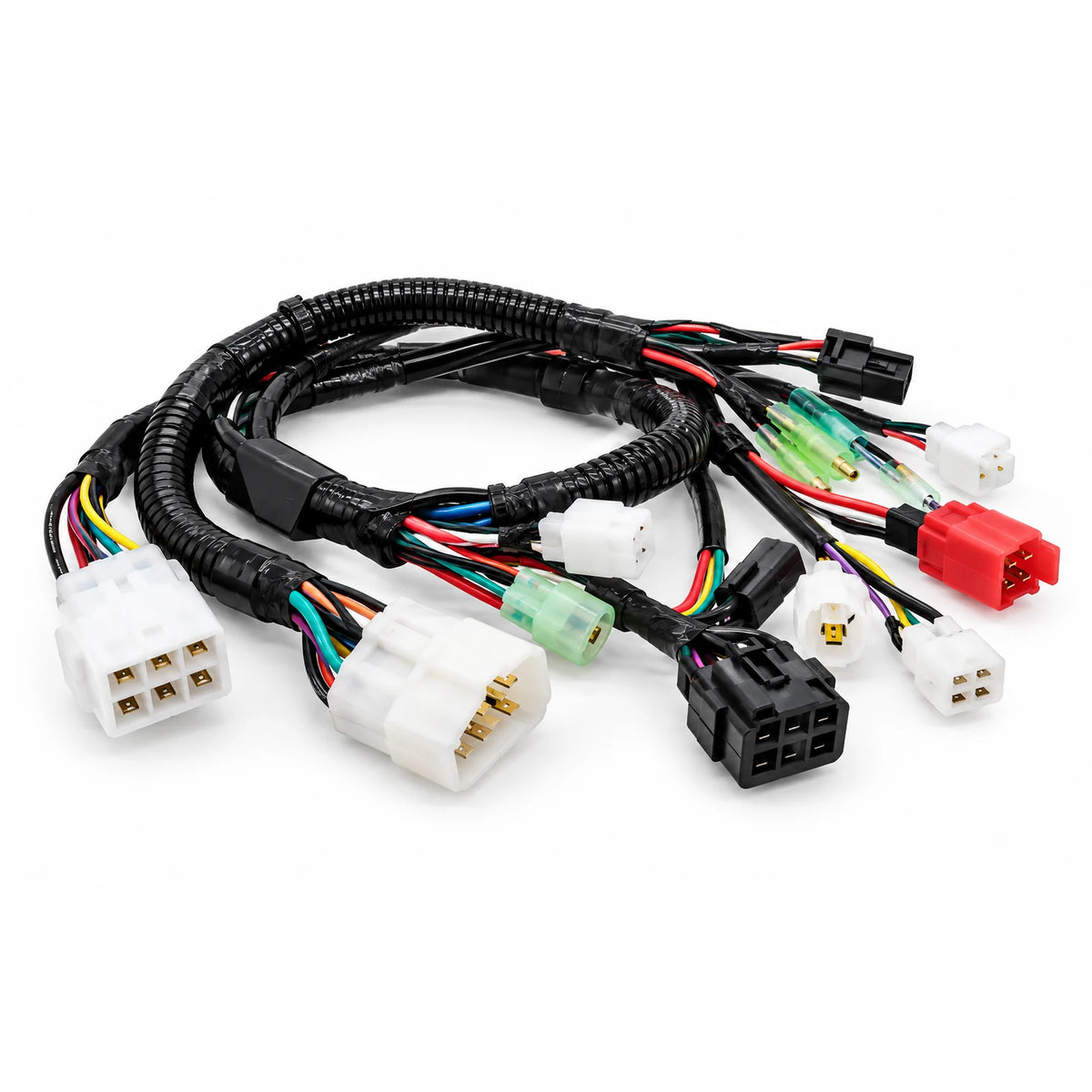 Chicote elétrico com fios multicoloridos, conectores multipinos e proteção corrugada preta para veículos elétricos ZORYKEN