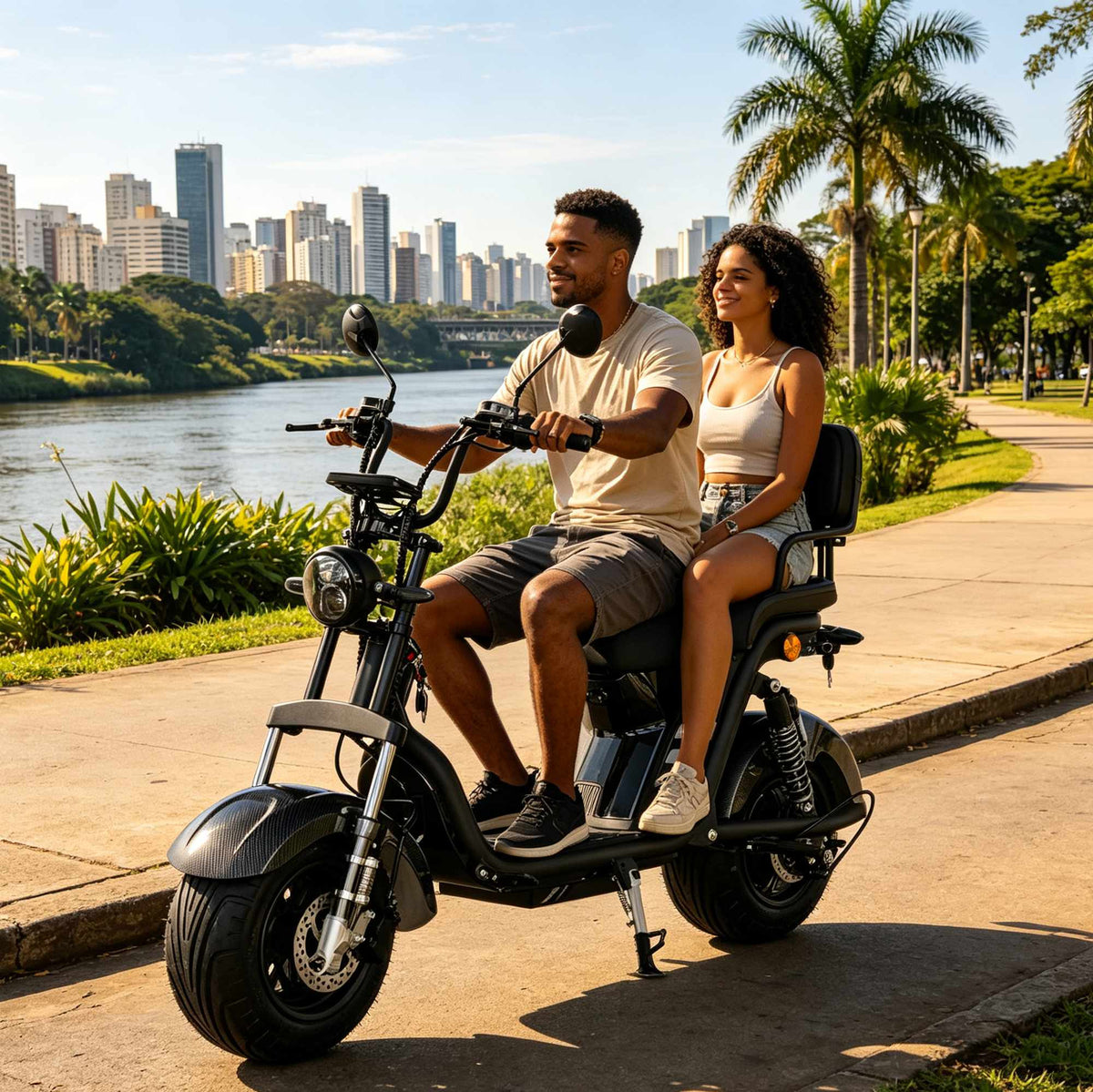 Casal andando na scooter elétrica ZORYKEN M8-2000 preta em uma ciclovia ao lado de um rio, mostrando a capacidade para 2 ocupantes com encosto traseiro, com prédios da cidade e palmeiras ao fundo.