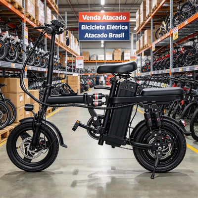 Bicicleta elétrica dobrável ZORYKEN A10 posicionada em um grande galpão ou estoque com a placa ao fundo 'Venda Atacado Bicicleta Elétrica Atacado Brasil'. Perfeito para demonstrar capacidade de fornecimento em larga escala e pronta entrega para distribuidores.