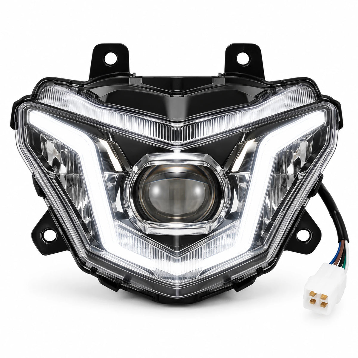 Farol dianteiro LED com lente central, carcaça preta, chicote e conector para veículos elétricos ZORYKEN