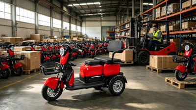 Linha de estoque e distribuição do triciclo elétrico ZORYKEN S3 vermelho em um grande galpão logístico com empilhadeira, ideal para importadores, lojistas e compras corporativas em lote no Brasil.