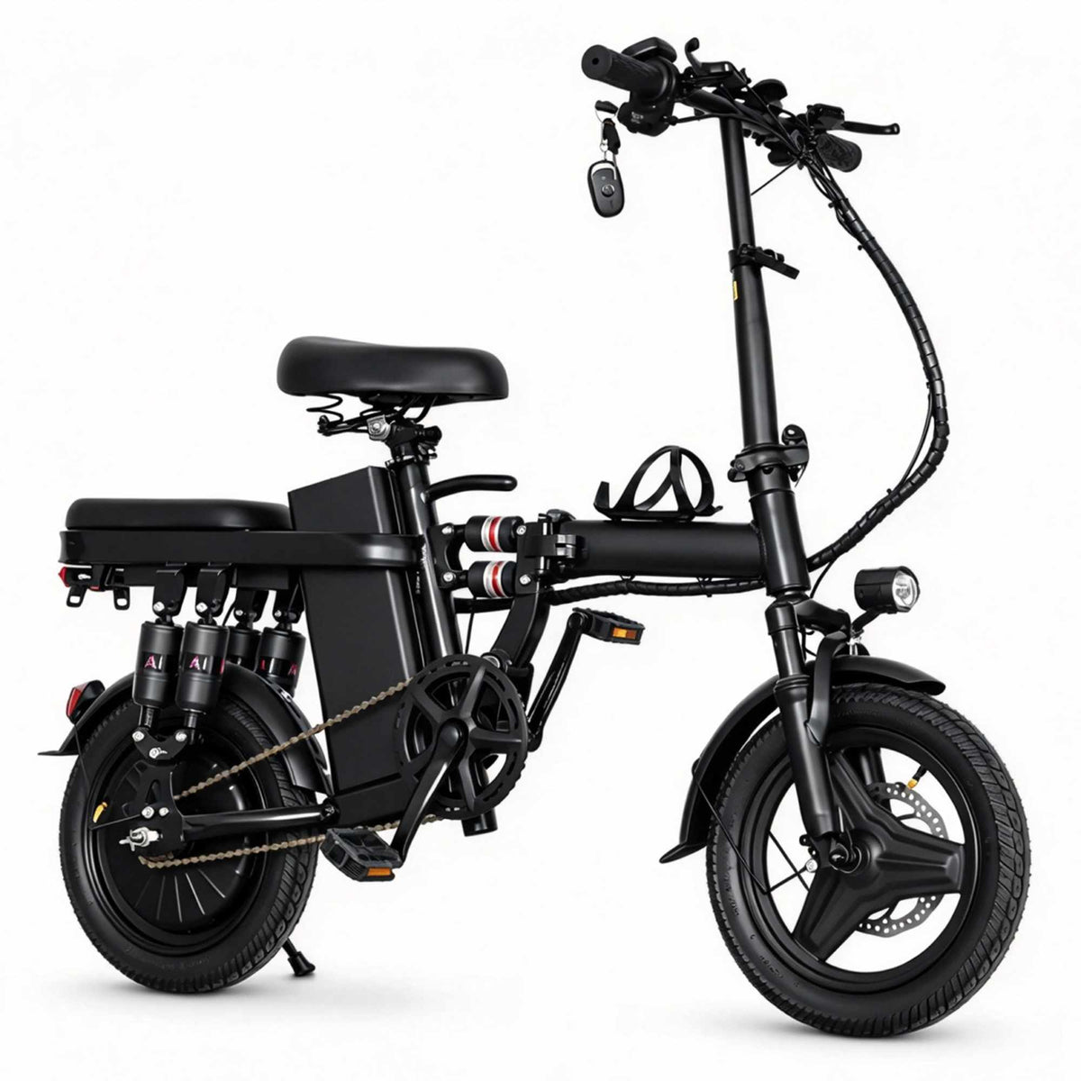 Vista lateral direita da mini e-bike dobrável ZORYKEN A10 de 14 polegadas. Detalhe da corrente, coroa do pedal, amortecedores duplos na roda traseira e compartimento da bateria de 48V 20Ah. Disponível para lotes de compras corporativas (B2B).