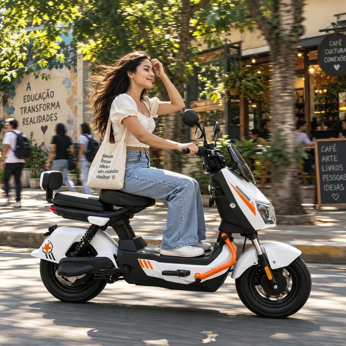 Mulher de calça jeans e bolsa de lona pilotando uma scooter elétrica ZORYKEN Z3 branca em uma rua arborizada, com uma parede ao fundo trazendo a frase "A educação transforma realidades".