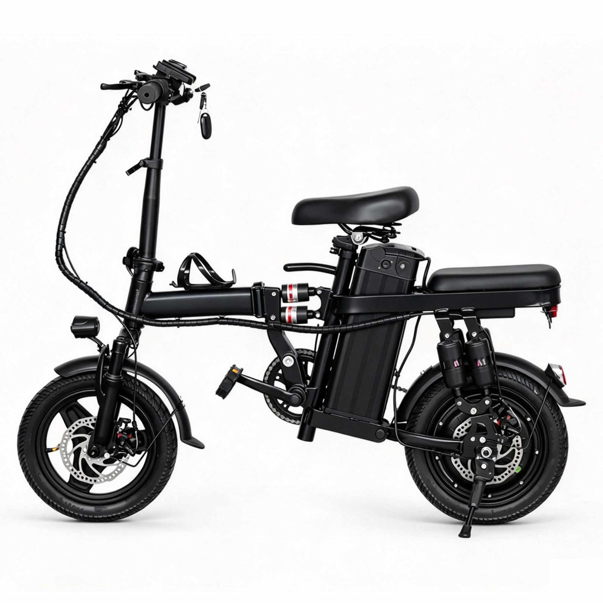 Catálogo de fábrica da bicicleta elétrica dobrável ZORYKEN A10 em fundo branco. Imagem técnica destacando o design compacto de 14 polegadas, motor de 400W, bateria integrada de 48V 20Ah e sistema completo de suspensão dianteira e traseira. Ideal para importação de contêineres e marcas próprias (Private Label).