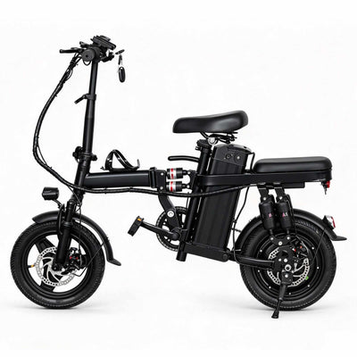 Catálogo de fábrica da bicicleta elétrica dobrável ZORYKEN A10 em fundo branco. Imagem técnica destacando o design compacto de 14 polegadas, motor de 400W, bateria integrada de 48V 20Ah e sistema completo de suspensão dianteira e traseira. Ideal para importação de contêineres e marcas próprias (Private Label).