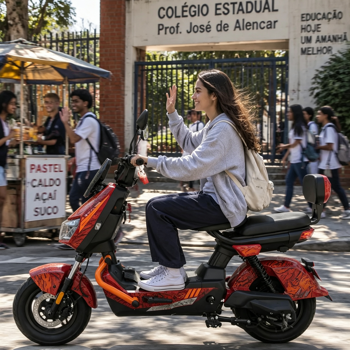 Uma estudante de mochila acenando enquanto pilota uma scooter elétrica ZORYKEN Z3 com pintura camuflada em tons de vermelho e preto, passando em frente ao portão do "Colégio Estadual Prof. José de Alencar".