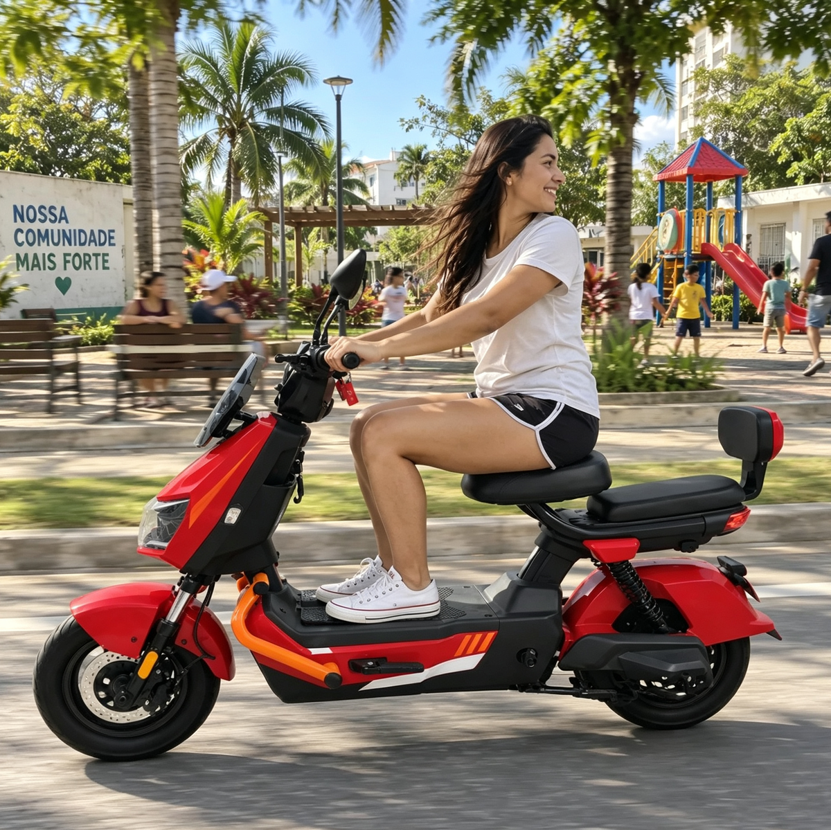Mulher sorridente andando em uma scooter elétrica ZORYKEN Z3 vermelha em uma rua ao lado de um parque com palmeiras e um parquinho infantil ao fundo.