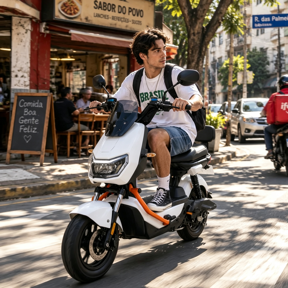 Jovem vestindo camiseta branca com a palavra "BRASIL" e mochila nas costas pilotando a scooter elétrica ZORYKEN Z3 branca por uma rua movimentada da cidade.