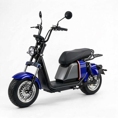 Scooter elétrica ZORYKEN 701 azul com bagageiro traseiro aberto, banco preto alongado, farol redondo e roda dianteira com aro multirraios.