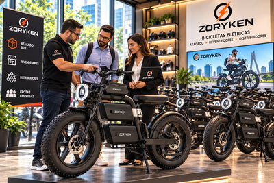 ZORYKEN E20 Plus bicicleta elétrica Fat Tire em showroom com revendedores e distribuidores de mobilidade elétrica