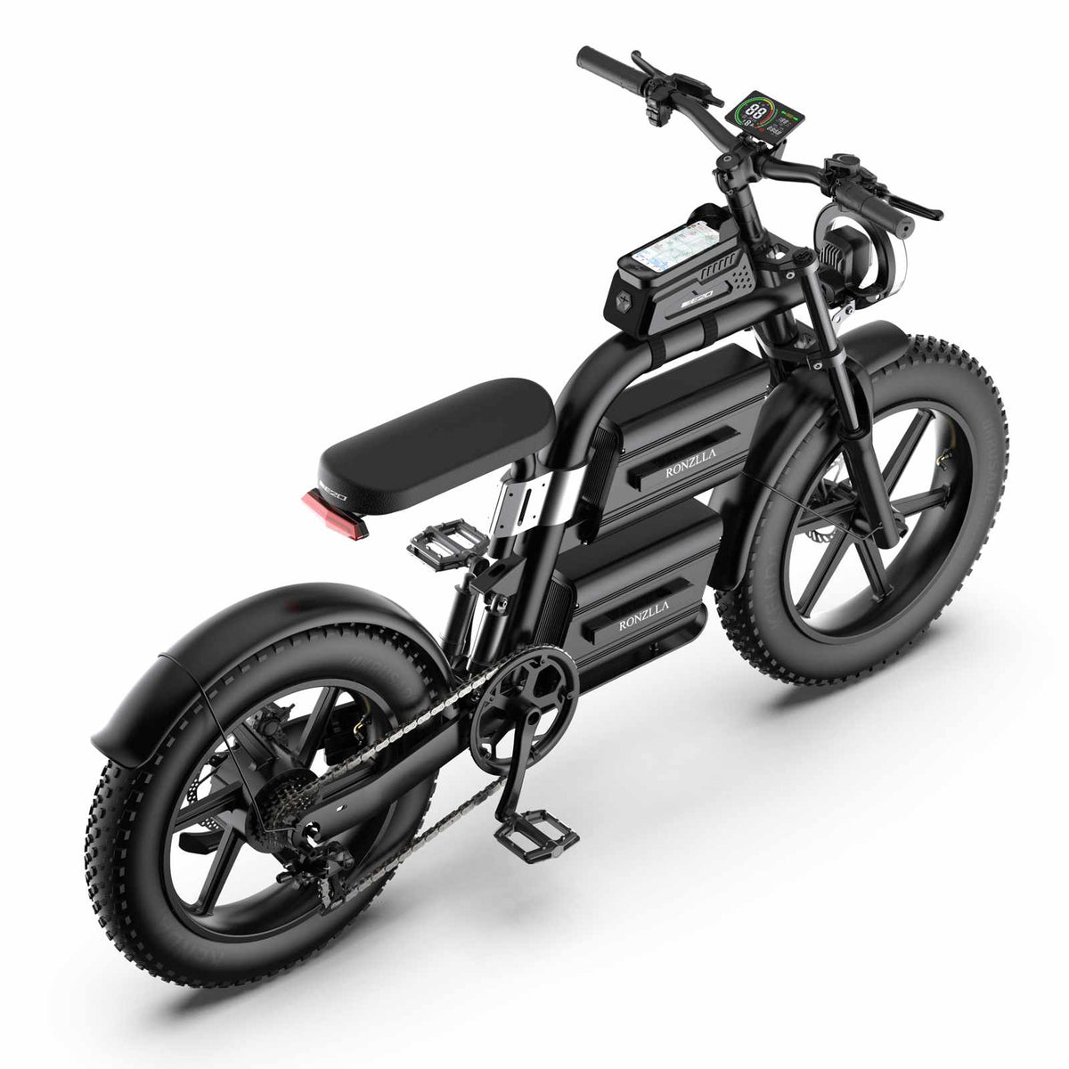 ZORYKEN E20 Plus bicicleta elétrica preta com configuração de bateria dupla, pneus Fat 20×4.0 e suspensão dianteira