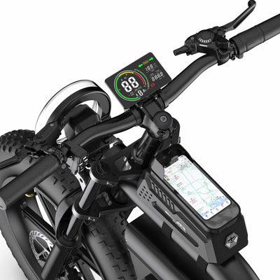 Cockpit da ZORYKEN E20 Plus com display digital, seletor Shimano de 7 velocidades e suporte para smartphone