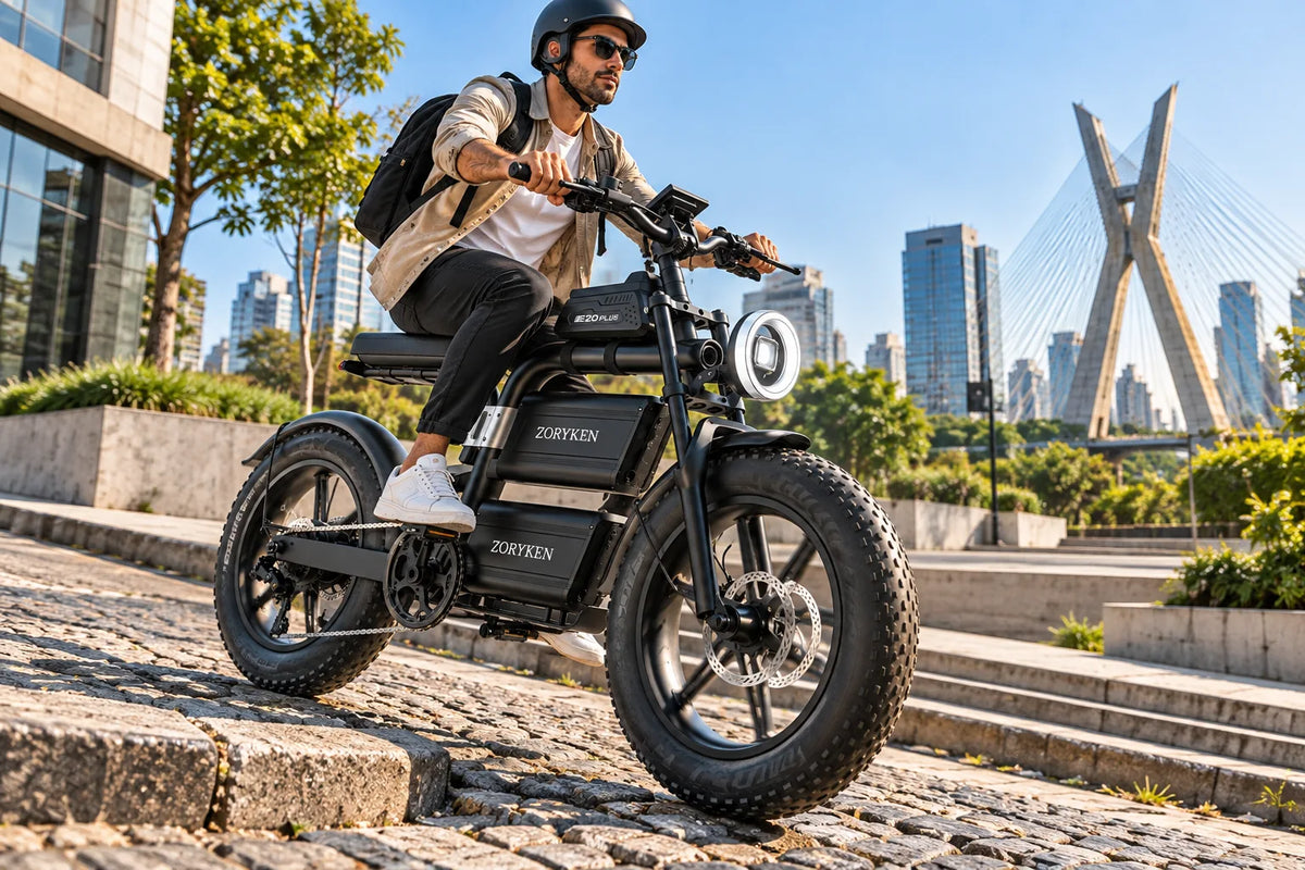 ZORYKEN E20 Plus bicicleta elétrica Fat Tire preta em piso urbano irregular, com pneus largos e suspensão dianteira